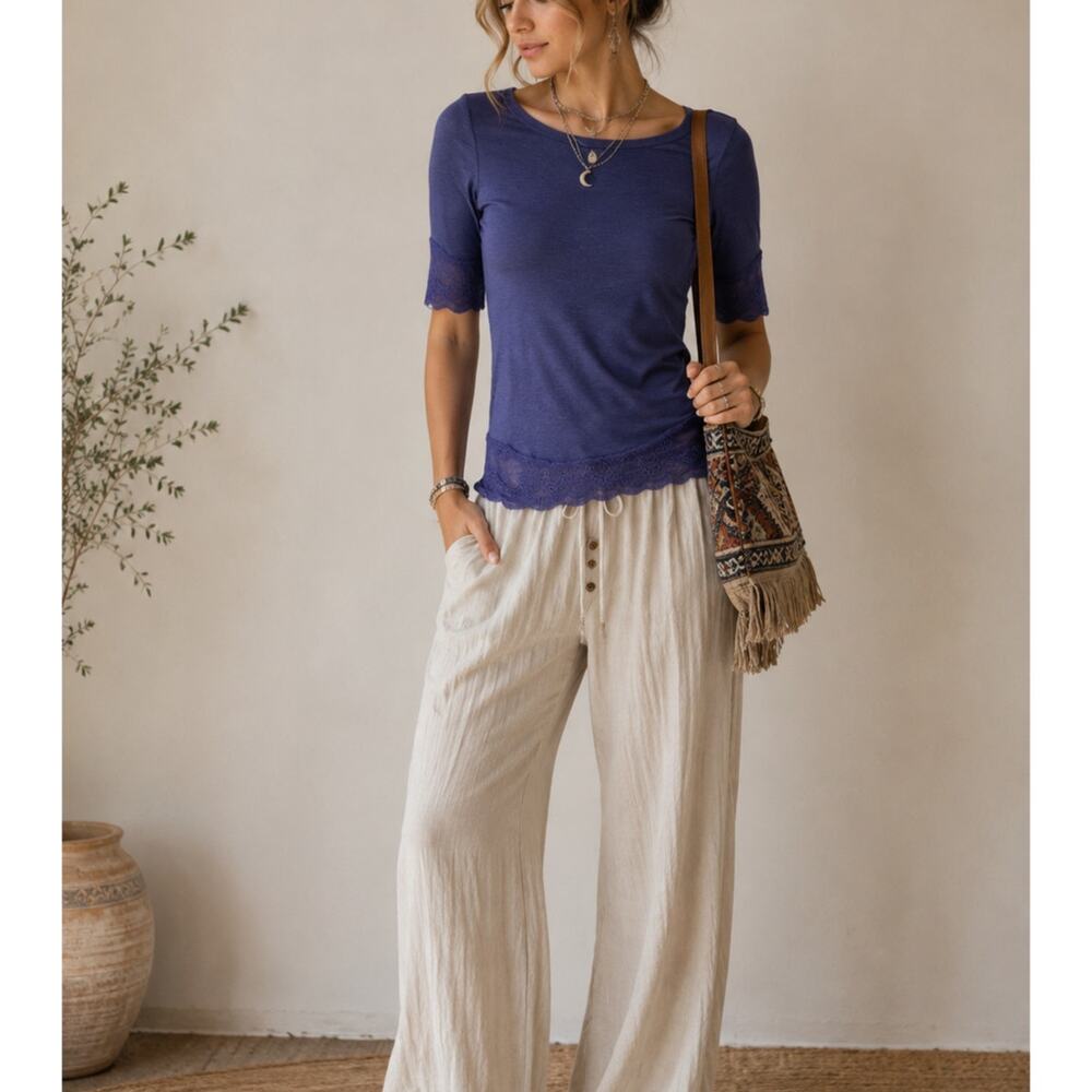Free People Intimately Purplish Blue Short Sleeve Tee Shirt Womens XS Lace Trim